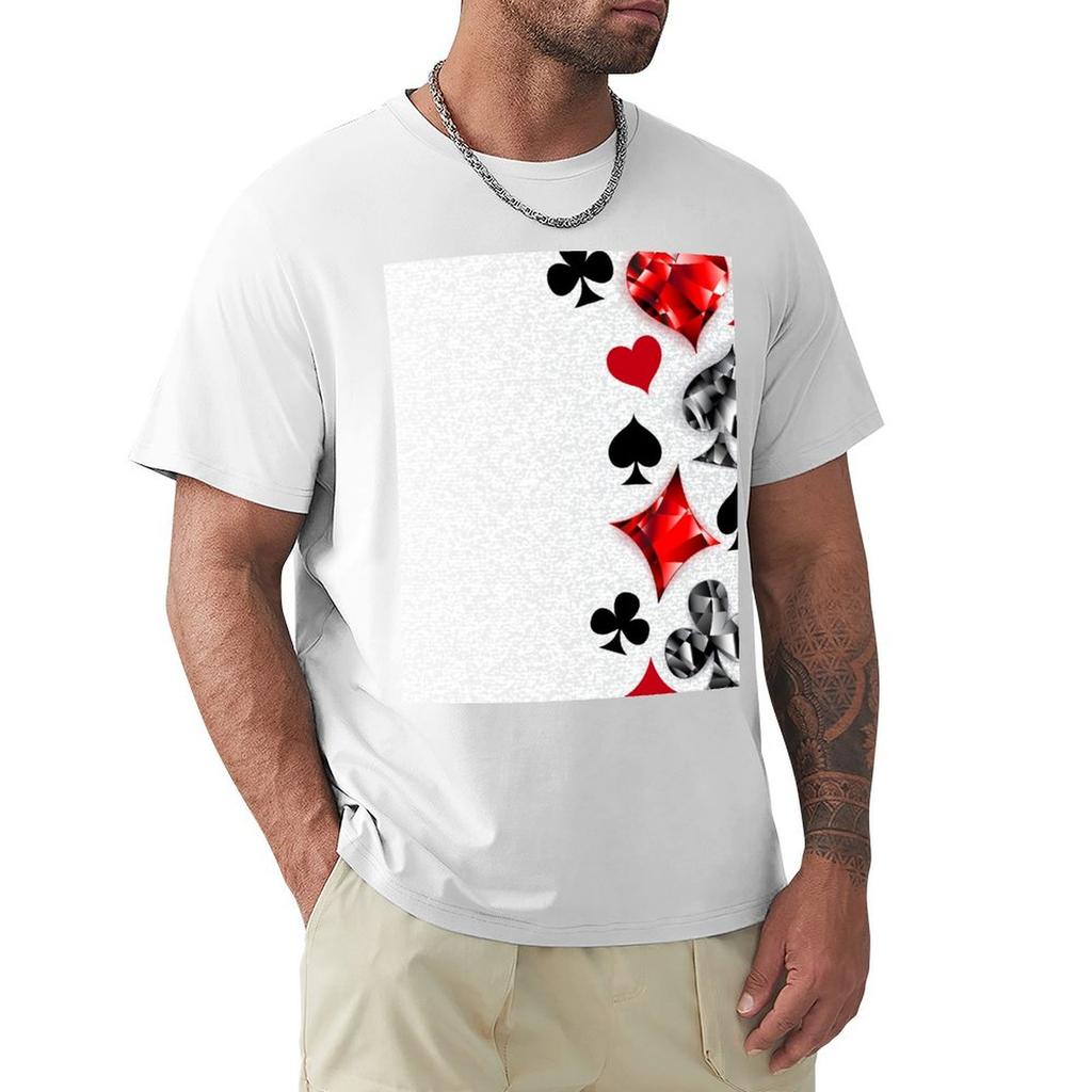 Gray Background With Polygonal Playing Cards Symbols Tshirt Casual Minimalist Short Sleeve Top