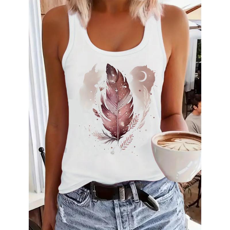 T-shirt Star Moon with Leaf Design Printed Vest Graphic Print Tank Top Women’s Sleeveless Crew Neck Casual Top for Summer Spring