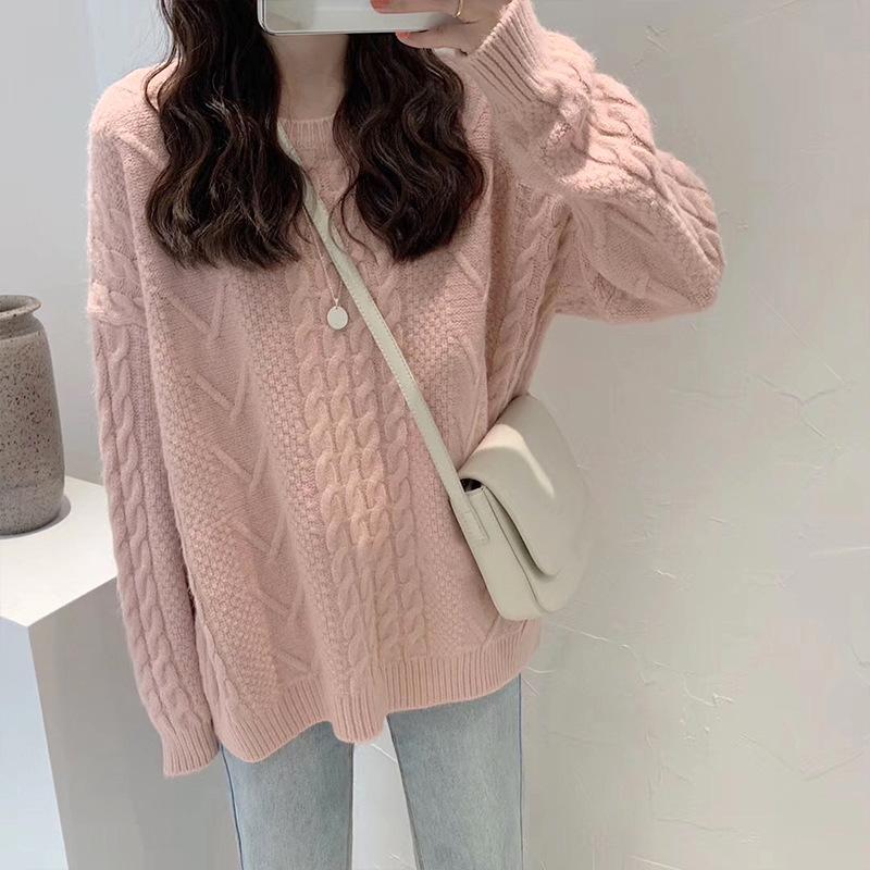 Thickened soft waxy gentle sweater women's autumn and winter top loose retro lazy twist bottomed knitted sweater jacket