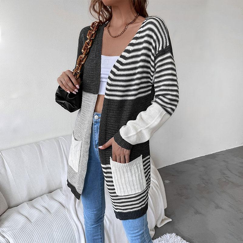Casual Trend Versatile Fall and Winter Middle East Women's Splicing Striped Cardigan Sweater Jacket