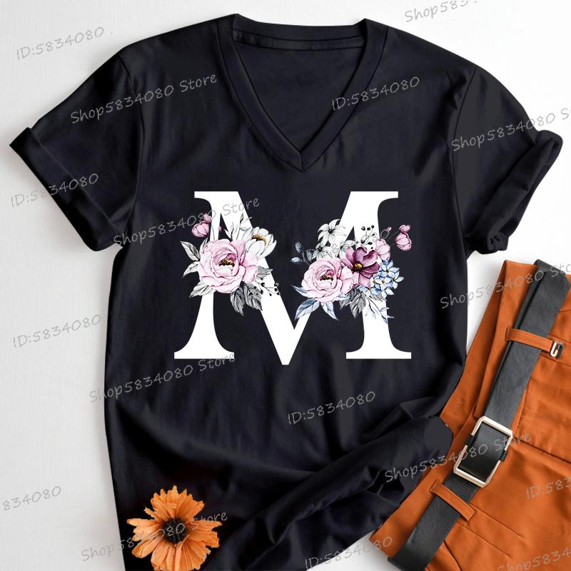 Letter B Floral T Shirts Women English Alphabet Birthday Gift Women 26 Initials Flower Classic Tops Tees Alphabet Floral Tshirt