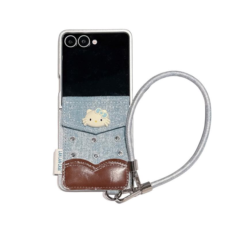 Fashion Cute Hellokitty Diamond Card Bag Phone Case For Samsung Galaxy Z Flip 7 6 5 ZFlip6 ZFlip7 Cover with Hand Strap Denim Ca For Z Flip 6 7FE