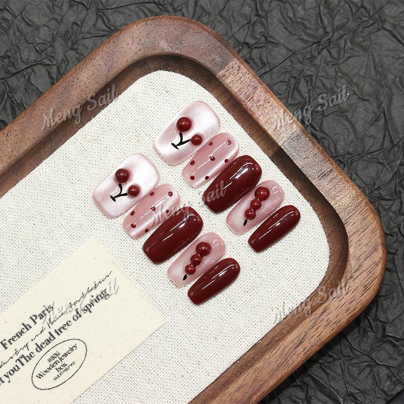 Tanghulu 3D Wine Red Gradient French Cherry Amber Autumn/Winter Nail Stickers M (Medium - Larger hands/Wide flat nail bed)
