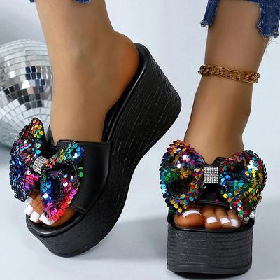 Fashion Women Colorful Sequins Platform Slippers Fashion 2025 Wedge Open Toe Black Sandal Ladies New Plus Size Thick Bottom Slides Mujer