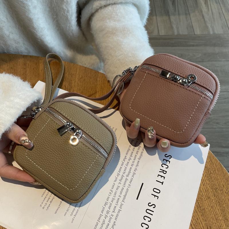 2025 Women's Genuine Leather Compact Wallet and Keychain - Lipstick, Earphone, and Coin Storage