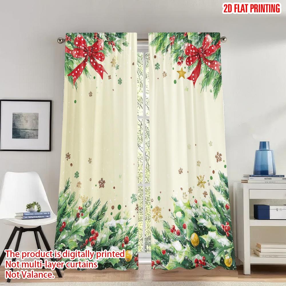 

Flat Printing Happy Christmas Scene Curtains Holly Garland Bows Digital Printed Polyester Drapes Party Curtain Set Of 2 Made Washable W100*H70(CM)-Rod Pocket&2PCS