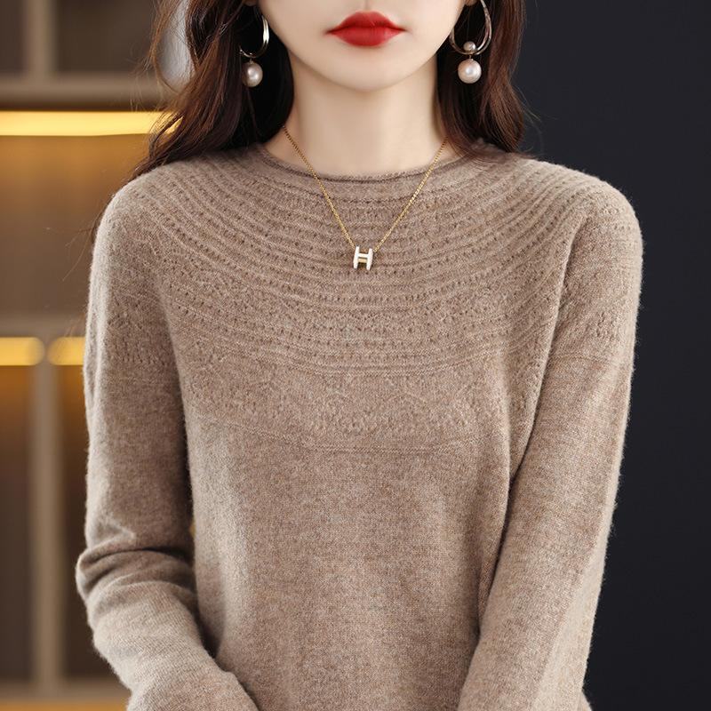 Crew Neck Curled Edge Spring and Autumn Wool Women's Seamless Inner Backing Knitted Sweater