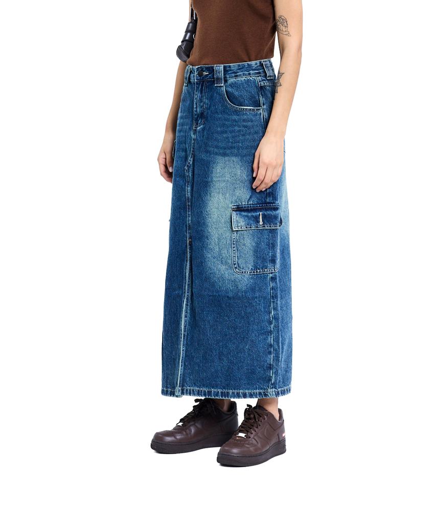 Viva Brown 85-Vivaj073 Cat Sand Washed Slit Pocket Long Denim Skirt Indigo