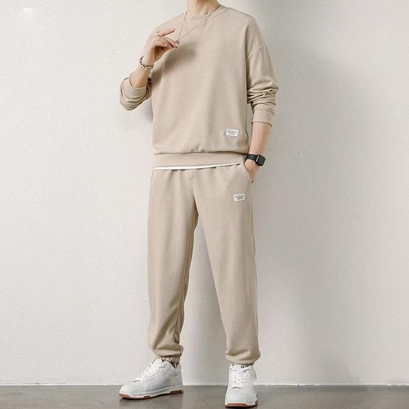 Waffle Sweater Suit Loose Casual Autumn and Winter Round Neck Men's Long-sleeved Trousers Youth Clothes
