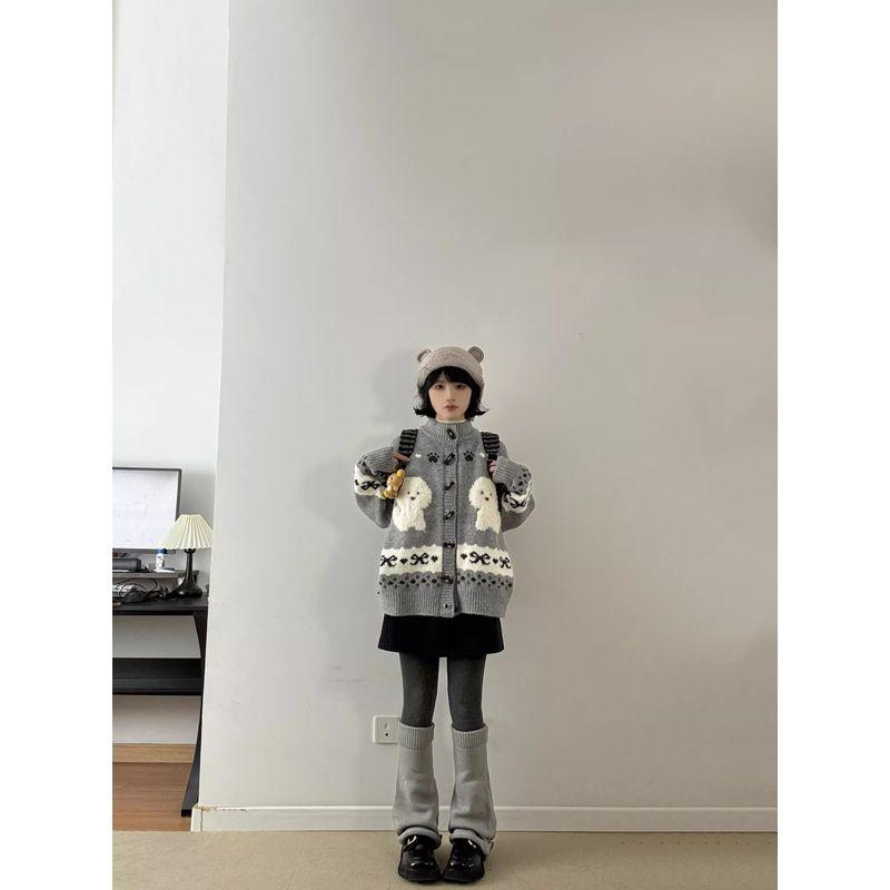 

Мультяшный Смешной Свитер с Щенком Женский Зимний Новый Корейский Сериал Мягкий Липкий Милый Маленький Молодежный Вязаный кардиган Верхняя одежда Grey S