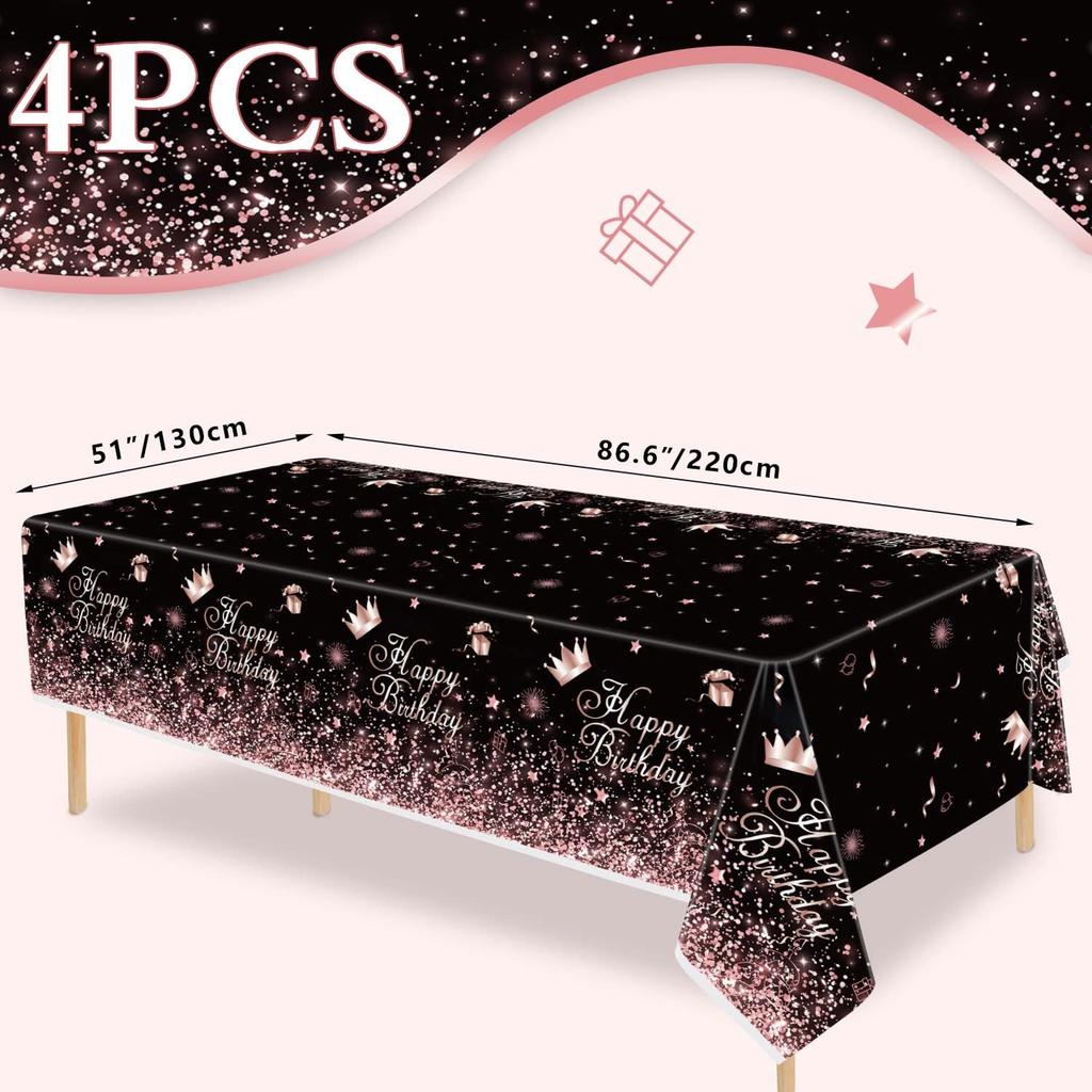 Black Rose Gold Plastic Tablecloth (Pack of 4), 86 x 51 inches Party Tablecovers for Black Rose Gold Theme Birthday Party Supplies