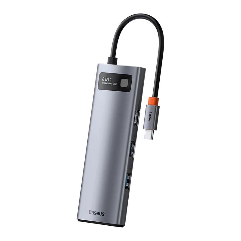 Hub 8W1 Baseus Metal Gleam Series, Usb-C Do 3X Usb 3.0 + Hdmi + Usb-C Pd + Ethernet Rj45 + Microsd/Sd