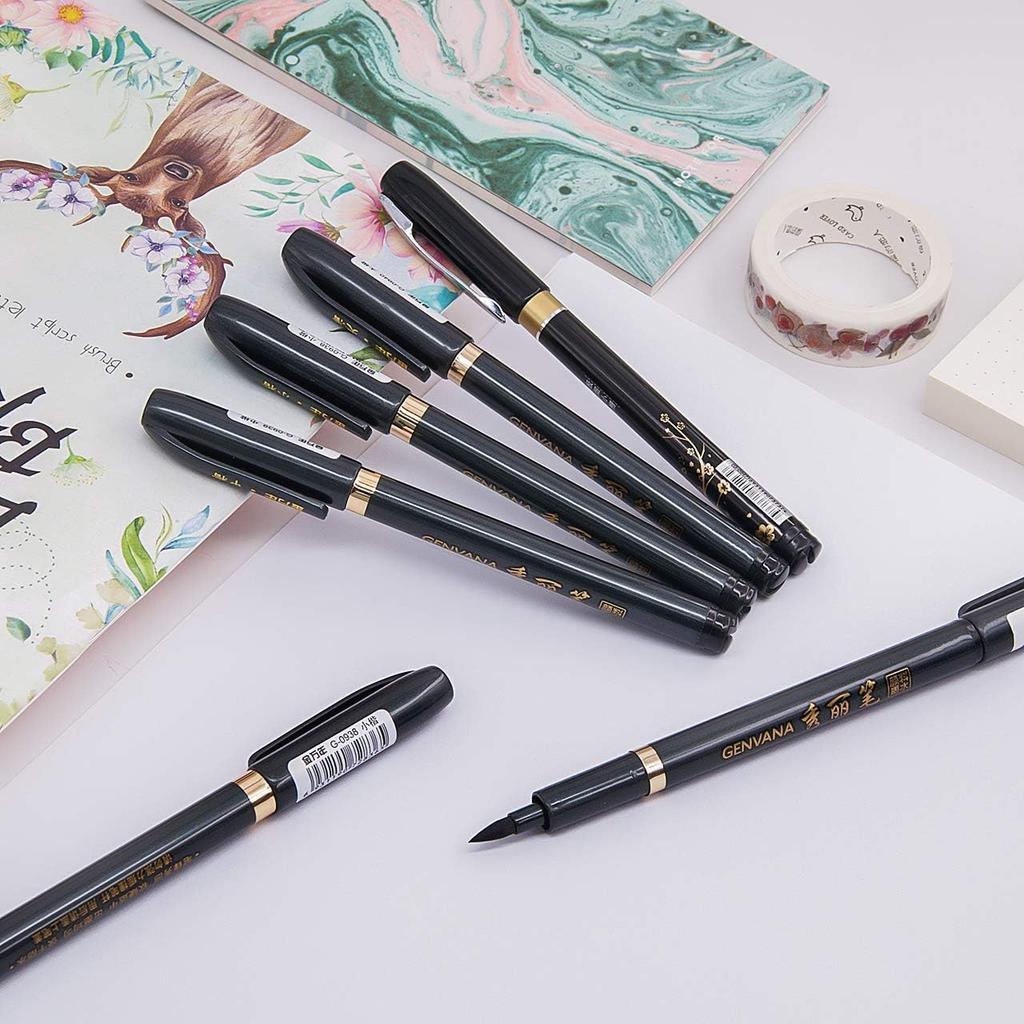 Hand Lettering Pens, Refillable Calligraphy Pens Brush Marker Pens Set Black, 4 Size for Writing, Painting, Drawing, Pack of 6