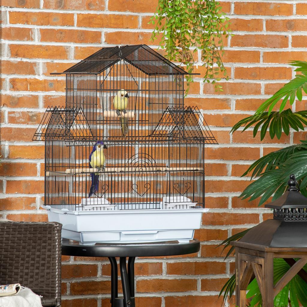 Metal and Plastic Bird Cage with Carrying Handle and Removable Tray, 50.5x41x63 cm, White