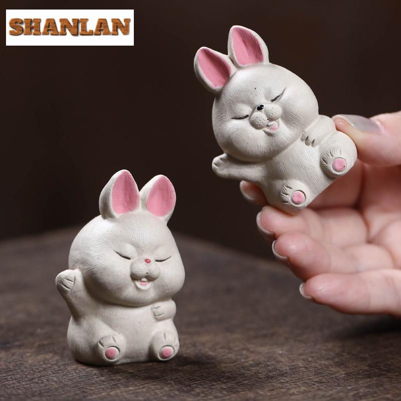 Yixing Zisha Zodiac Lucky Rabbit Tea Pet Ancient Fish Tank Landscaping Tea Figurine Play Toys Tea Statue Ornaments Supplies Gift
