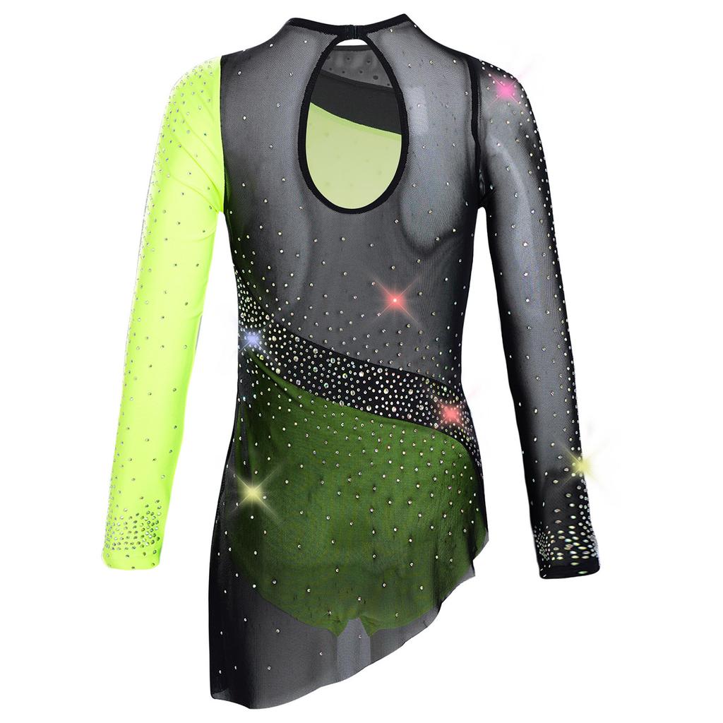 Kids Girls Gymnastics Competition Costume: Sheer Mesh Patchwork Long Sleeve Leotard with Color Block & Sparkling Rhinestones