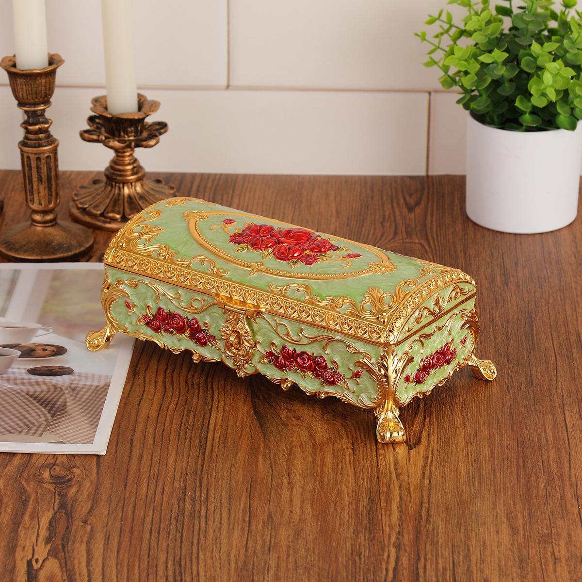 

Retro Creativity Rectangular Jewelry Box Metal Luxury Rose Storage Box Ring Earrings Jewelry Storage Case Home Decor 24.5 12.5 8cm