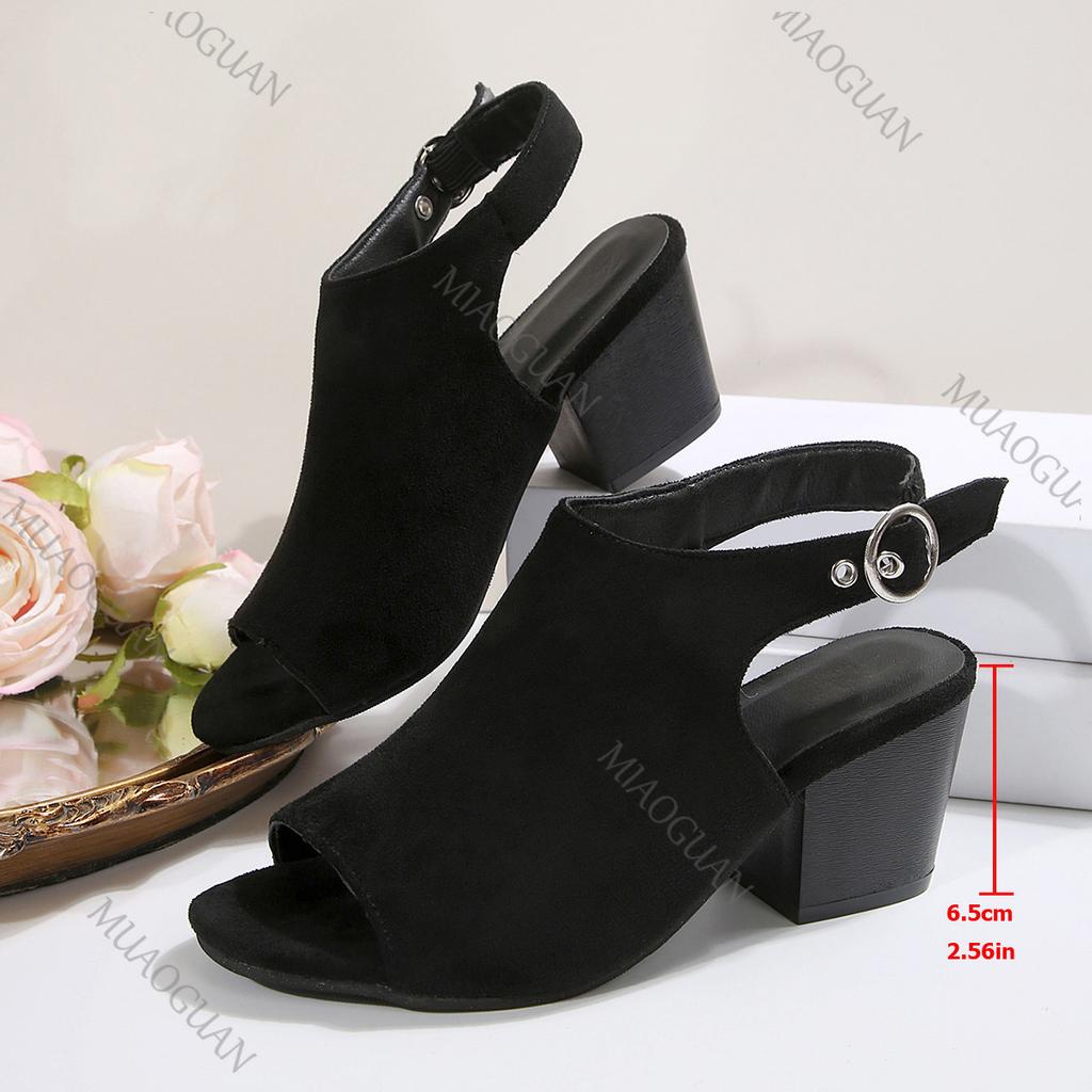 Fashion Women's Chunky Sandals Open-toe High Heels Casual Suede Black Ankle Belt Buckle Fashion Women's Shoes Fish Mouth Heeled Sandal