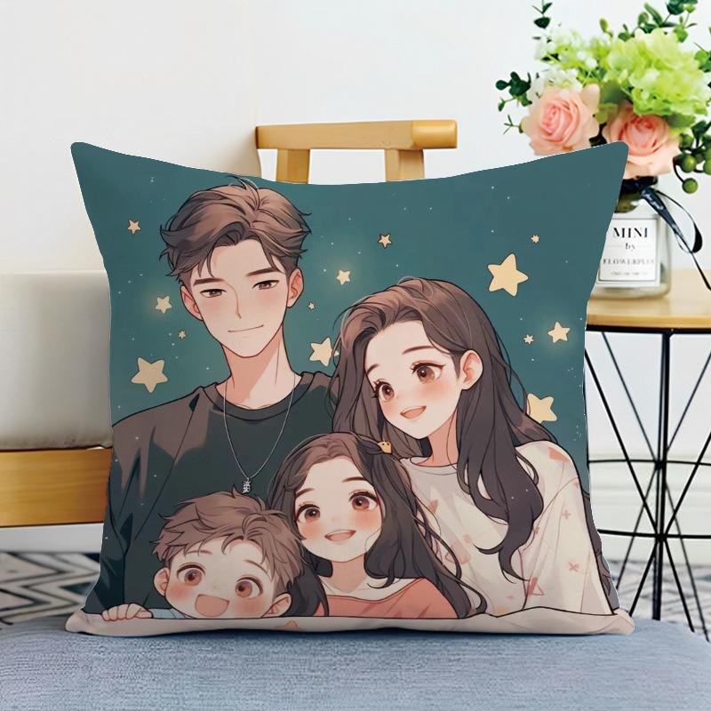 Happy Family Print Decorative Pillowcase Bedroom Living Room Square Cushion Pillowcase