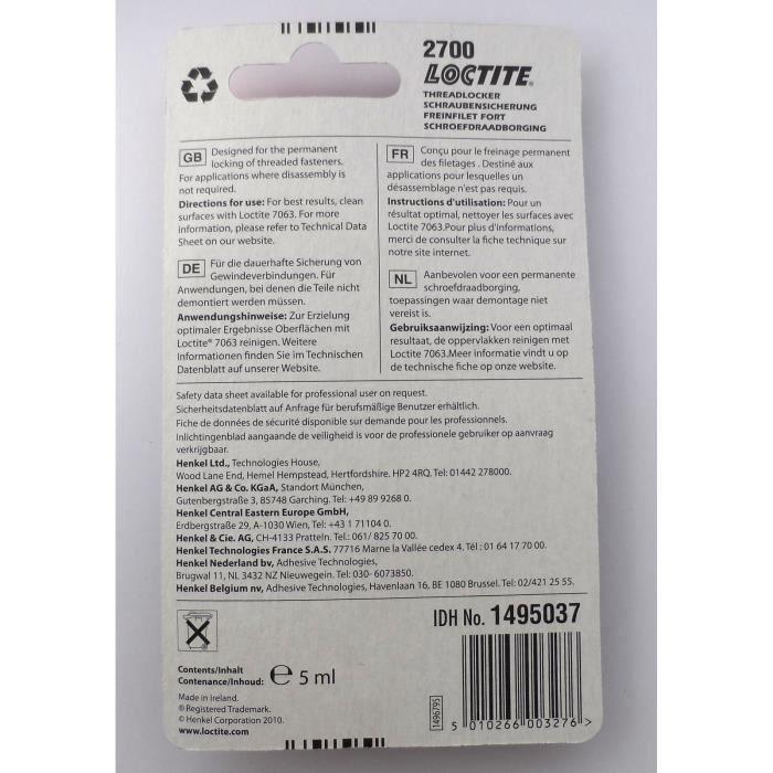 Frein Filet Fort - LOCTITE - 2700 - 5ml - Rouge - Résistance chimique et thermique