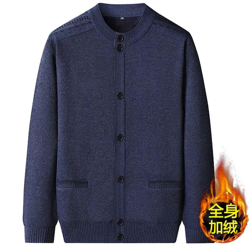 Herren Strickjacke Wollpullover Herbst und Winter Samt Dick Gestrickte Jacke Rundhals Warmes Oberteil