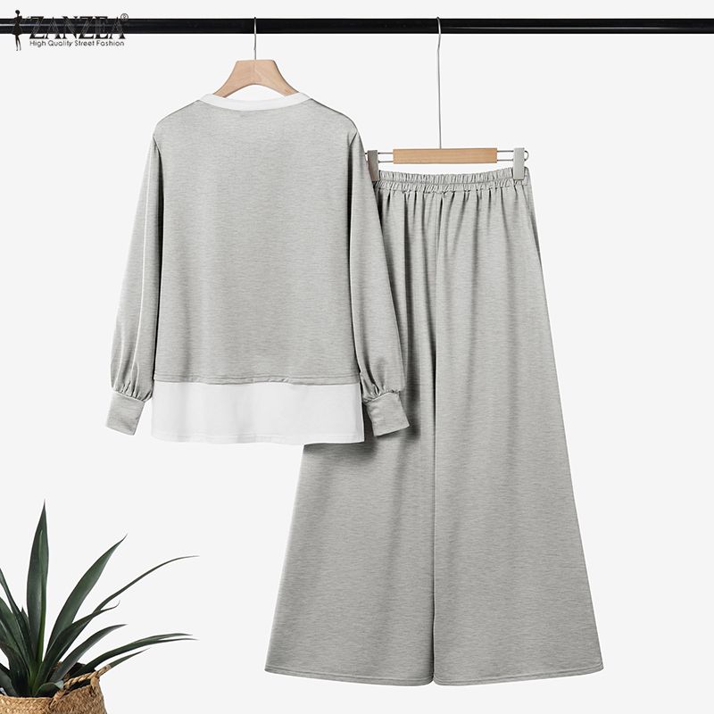 ZANZEA Women Casual Long Sleeve Blouse and Wide Leg Pants Two Piece Suit Sets