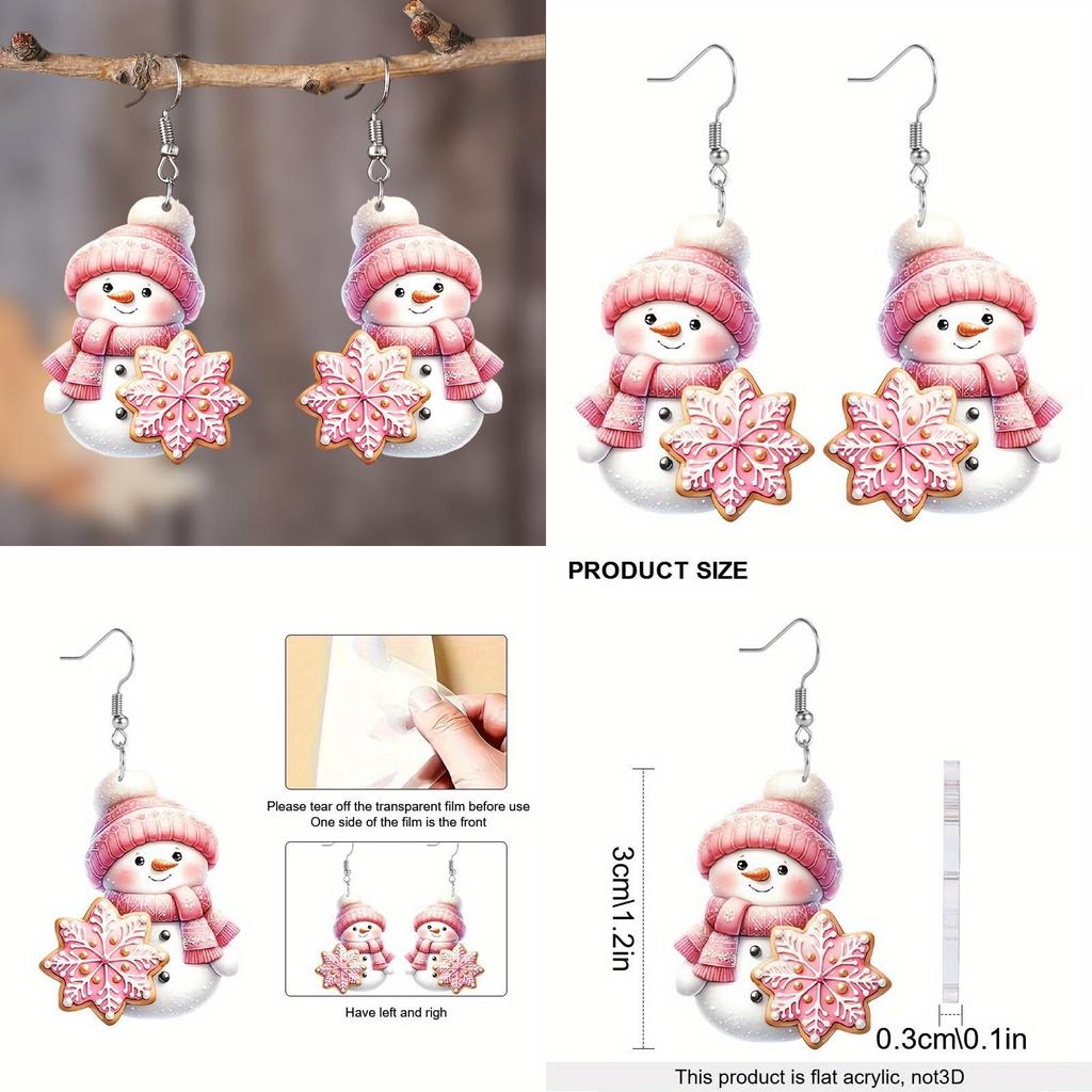 Theme Cute Christmas Cartoon Pink Hat Scarf Snowman Pattern Women Earrings