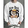 Loose Casual Round-Neck Sweatshirt With Heat Transfer Bear Lettering For Autumn Winter Men's Streetwear.