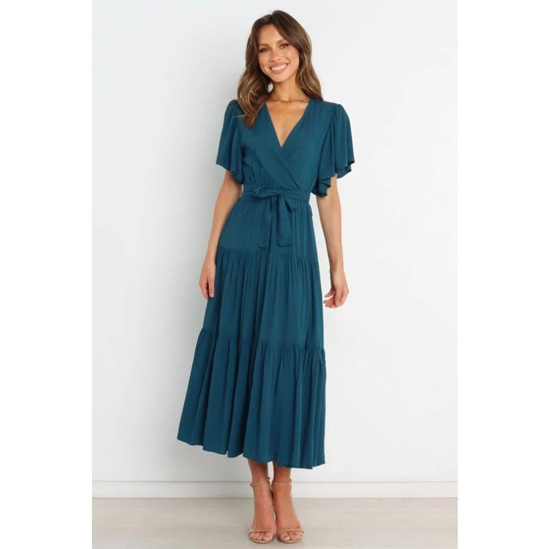New v-neck commuter solid color short-sleeved waist dress, bohemian dress