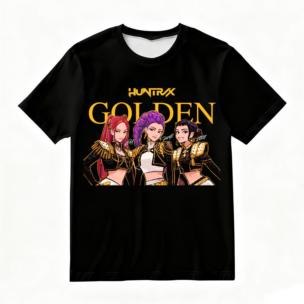 Women's oversized Huntrix gold cartoon character printed T-shirt, a must-have for summer street fashion KPop demon hunter style