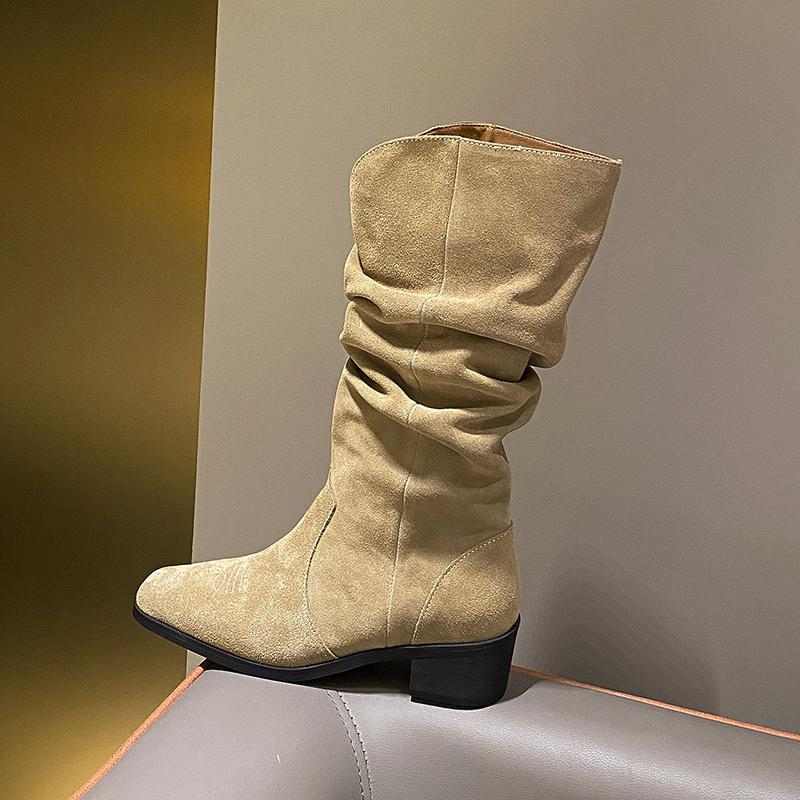 Fashion Stacked Knight Boots Retro Thick Heel Square Head 2024 Spring and Autumn New Women's Ruffled High Sleeve Boots