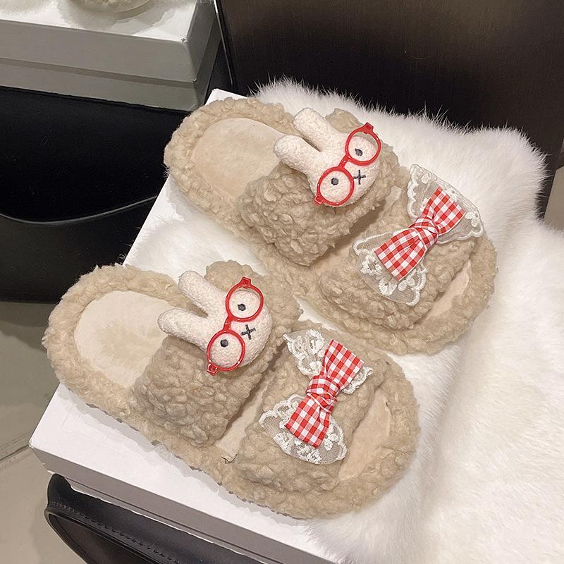 Cute cartoon fluffy slippers women's 2025 autumn and winter new outer wear non-slip fluffy warm character cotton mop