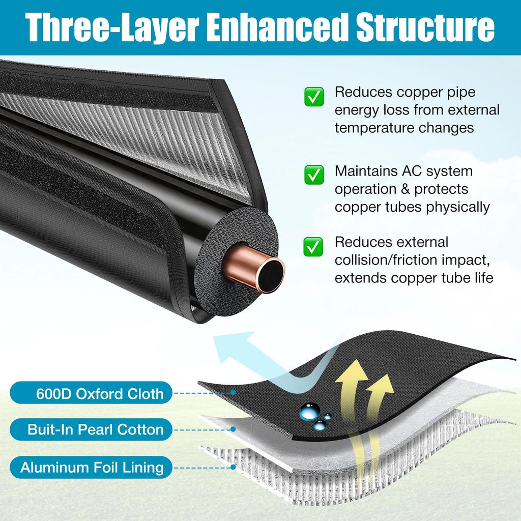3 Layers HVAC Copper Pipe Insulation Cover 200x30cm 600D Oxford AC Pipe Insulation Covers  for Outside Copper Line Insulation Sl