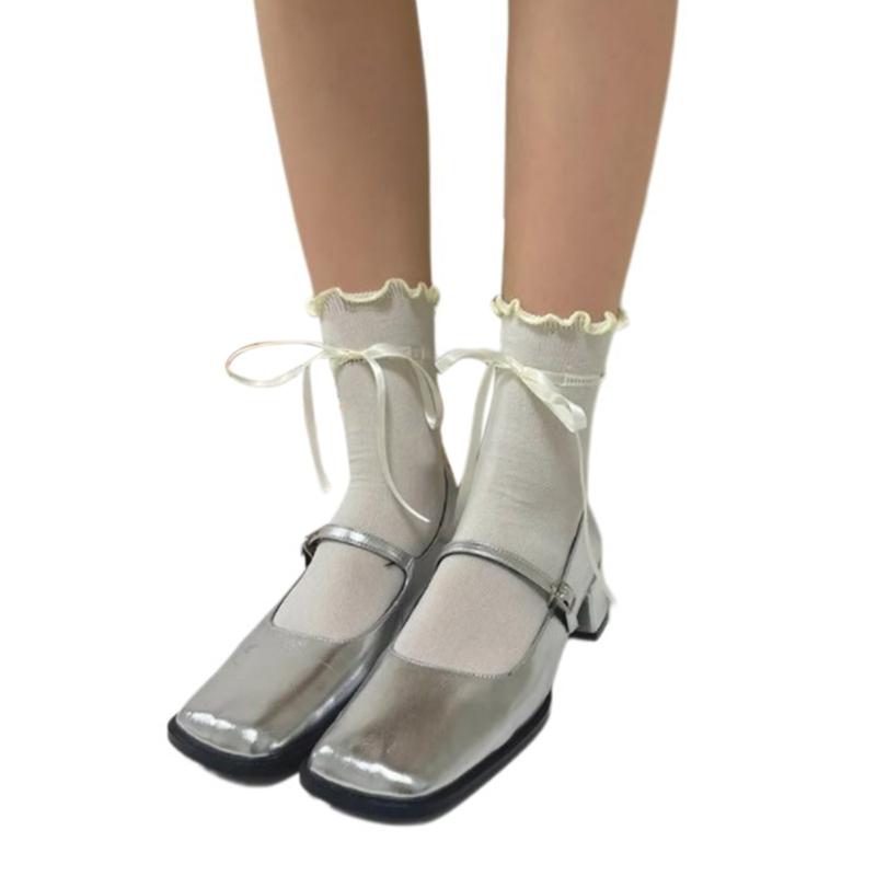 Women Girls Japanese Style JK Cute Ribbon Bowknot Ankle Socks Elegant Solid Color Middle Tube Ruffle Trim Frilly Socks