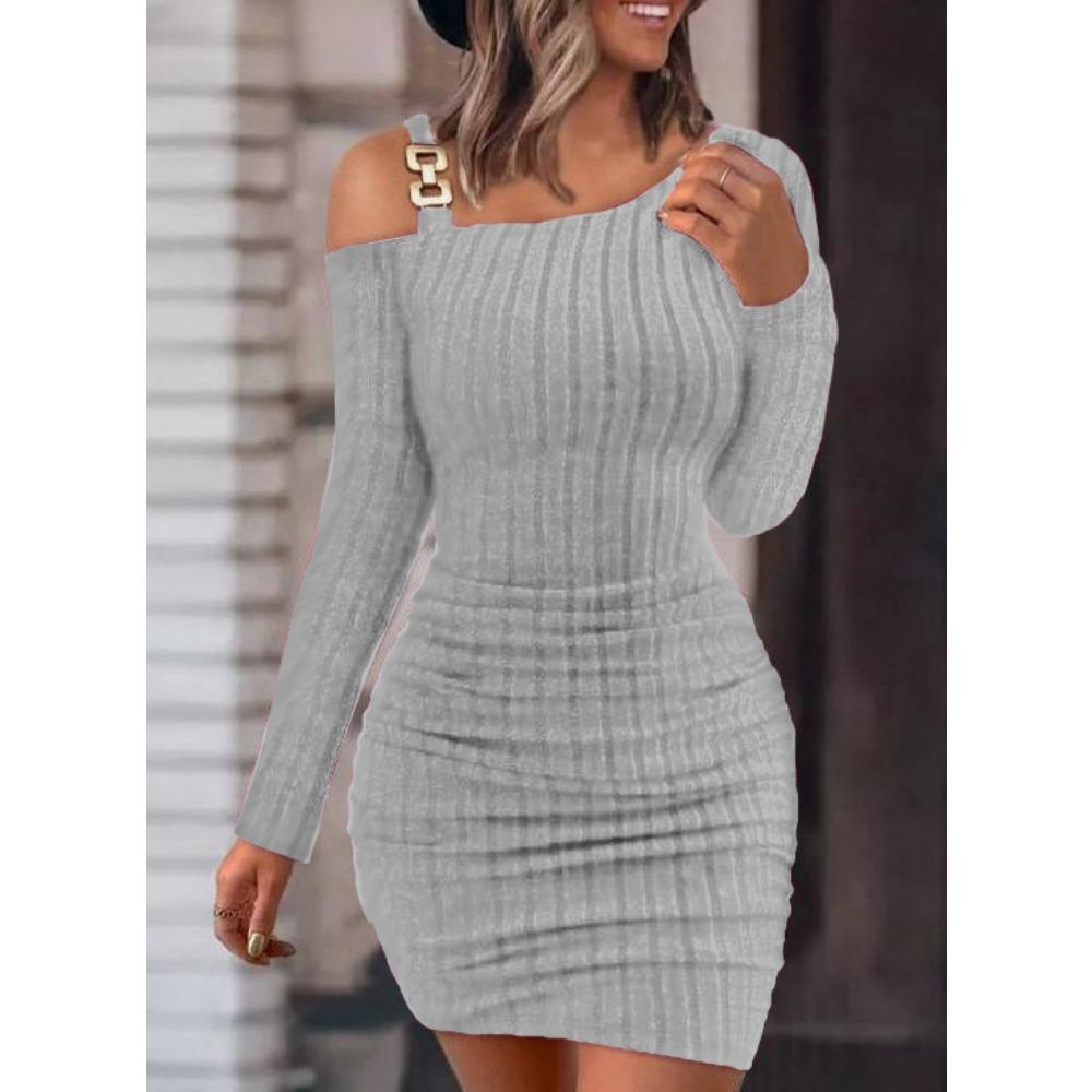 Autumn and Winter Women's Solid Colour Metal Buckle Slant Shoulder Collar Tight Package Hip Slim Sexy Long-sleeved Dresses