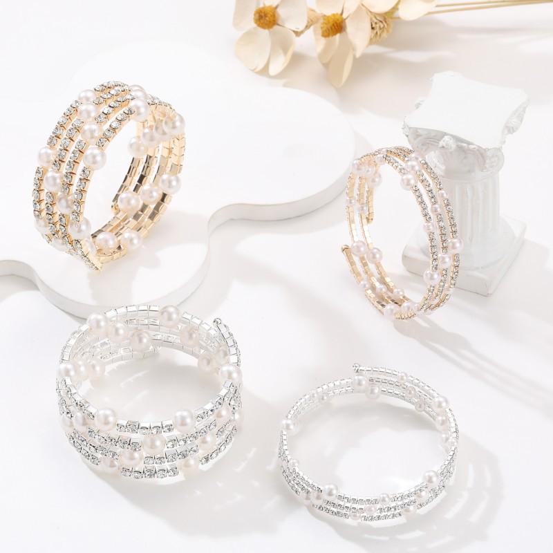 Multi-layer Rhinestone Pearl Bracelet, Winding Open Bracelet, Claw Diamond Bride Elastic Bracelet.