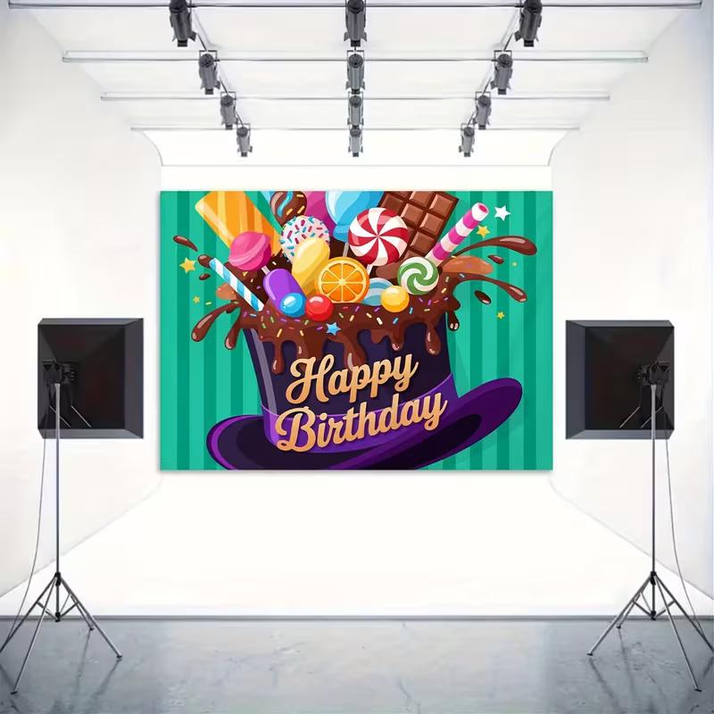 2D Candy Hat Happy Birthday Backdrop Willy Wonka Style Party Photo Background