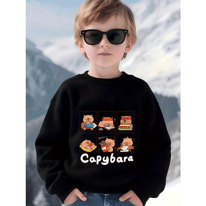Kids Crewneck Long Sleeve Sweatshirt, Cute Multi-Scene Capybara Cartoon Print 110 чёрный
