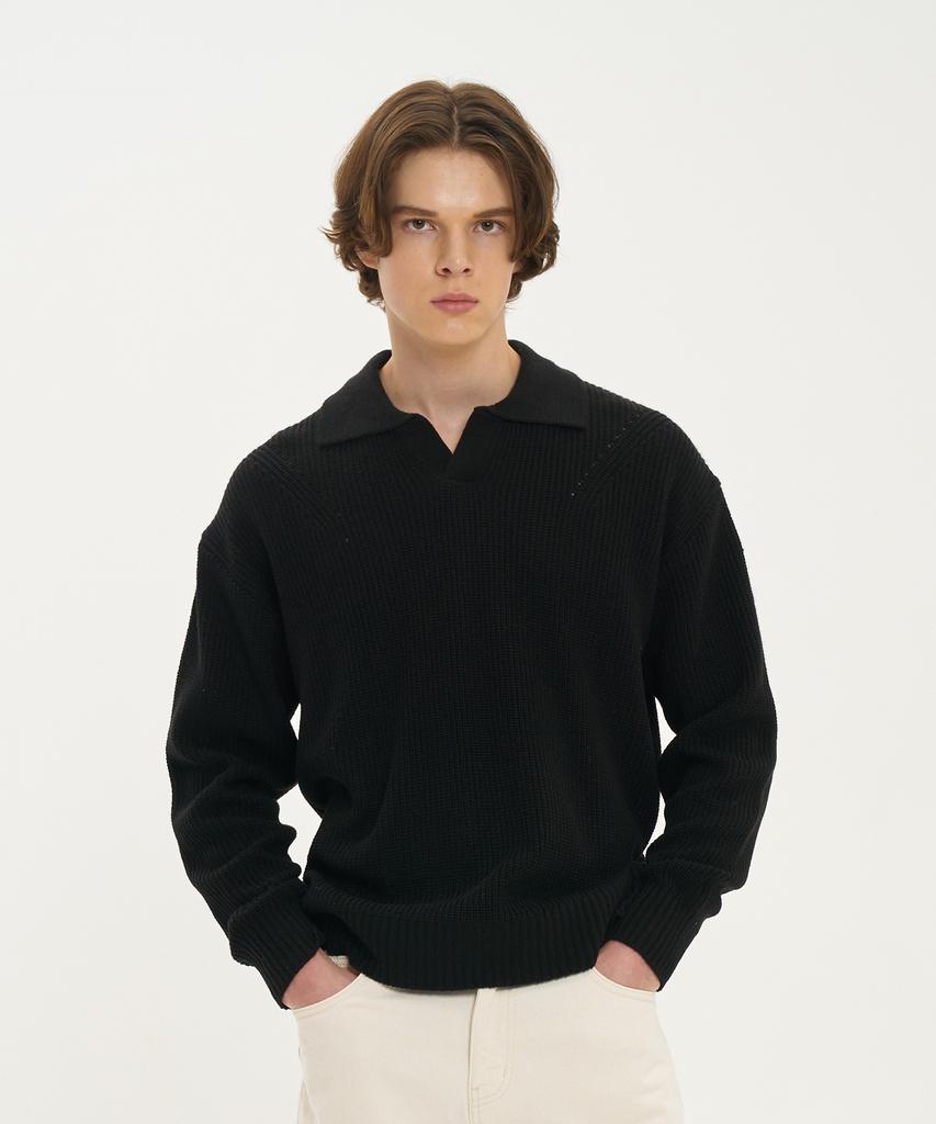 BLOND9 Shoulder Point Open Collar Rib Knit_Black