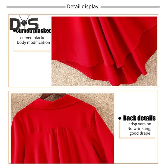 Dámská košile s klopou, poloviční rukáv, střední délka, ležérní topy, jednobarevná, vypasovaná v pase, volný střih, šifonová halenka, pro každodenní nošení