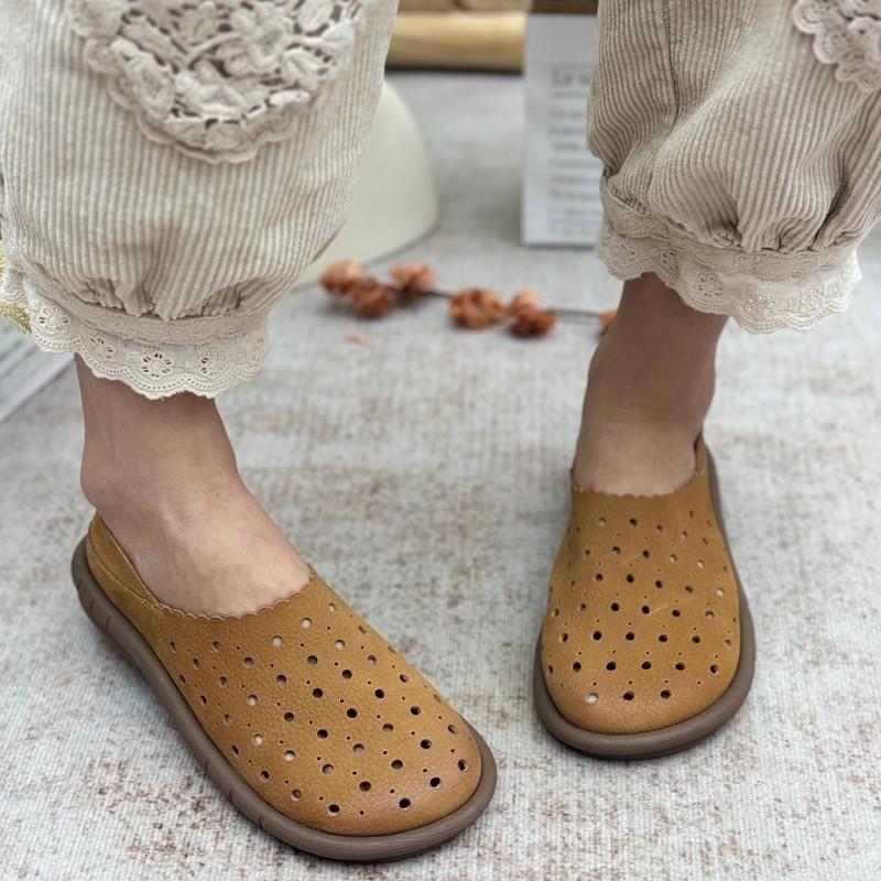 Fashion GKTINOO Handmade Genuine Leather Hollowed Out Flat Shoes 2025 Summer New Retro Loafers Round Toe Soft Sole Women's Sandals