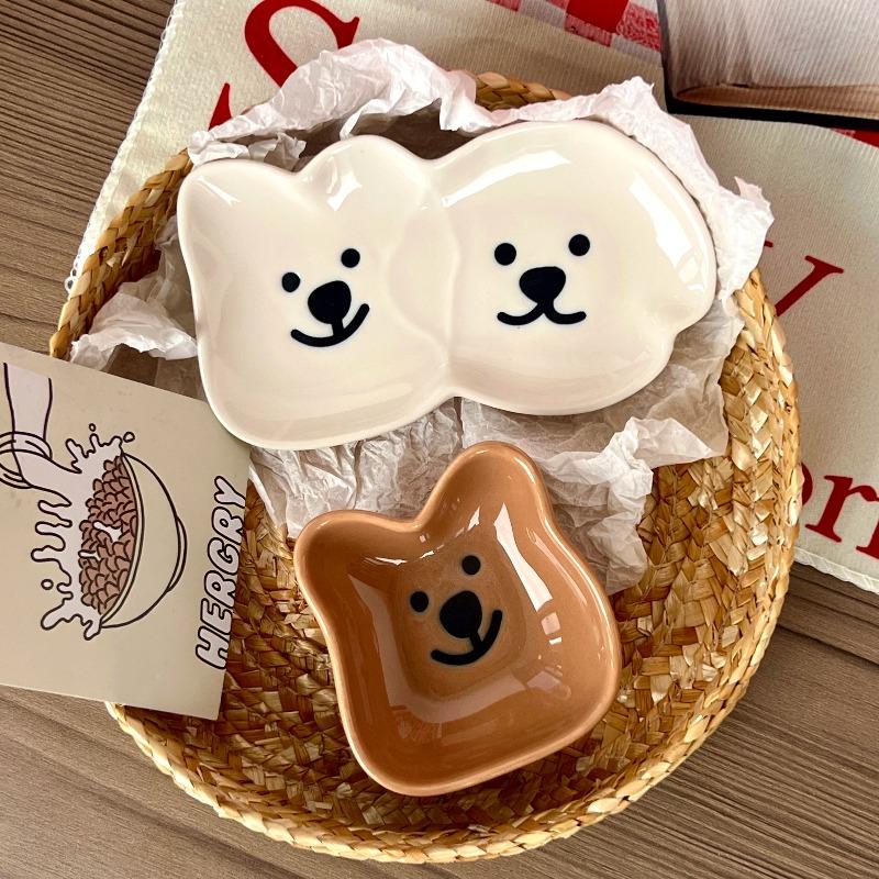 Adorable Ceramic Sauce Dish with Cute Dog & Bear Design - Single/Double Compartment Dip Bowl for Condiments, Snacks, Sushi, Soy