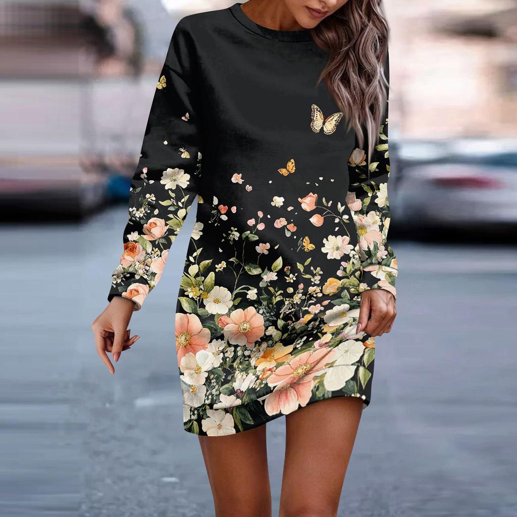 Women's Round Neck Vintage Floral Print Long Sleeve Wrap Dress Sweatshirt Dresses