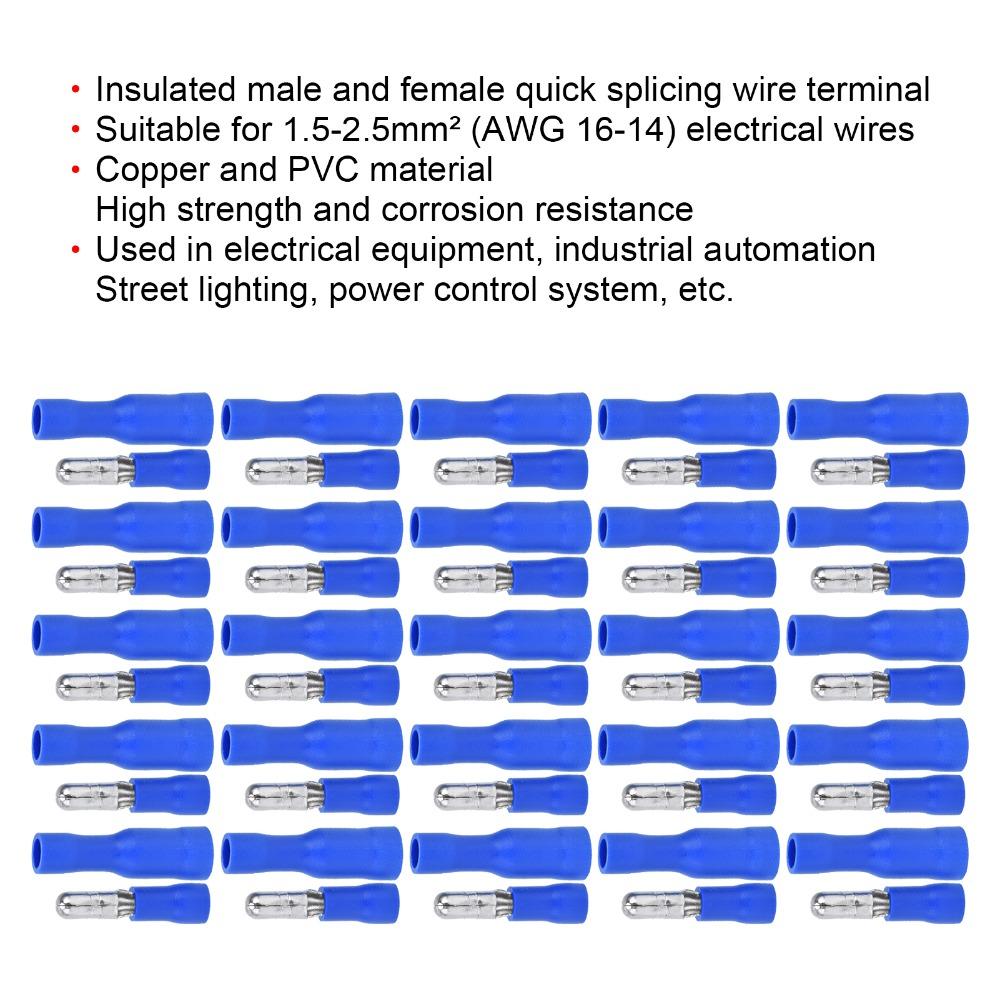 25 Pairs Blue Color Insulated Wire Terminal 16-14AWG Quick Crimp Male Female Connector Wire Crimp Connectors