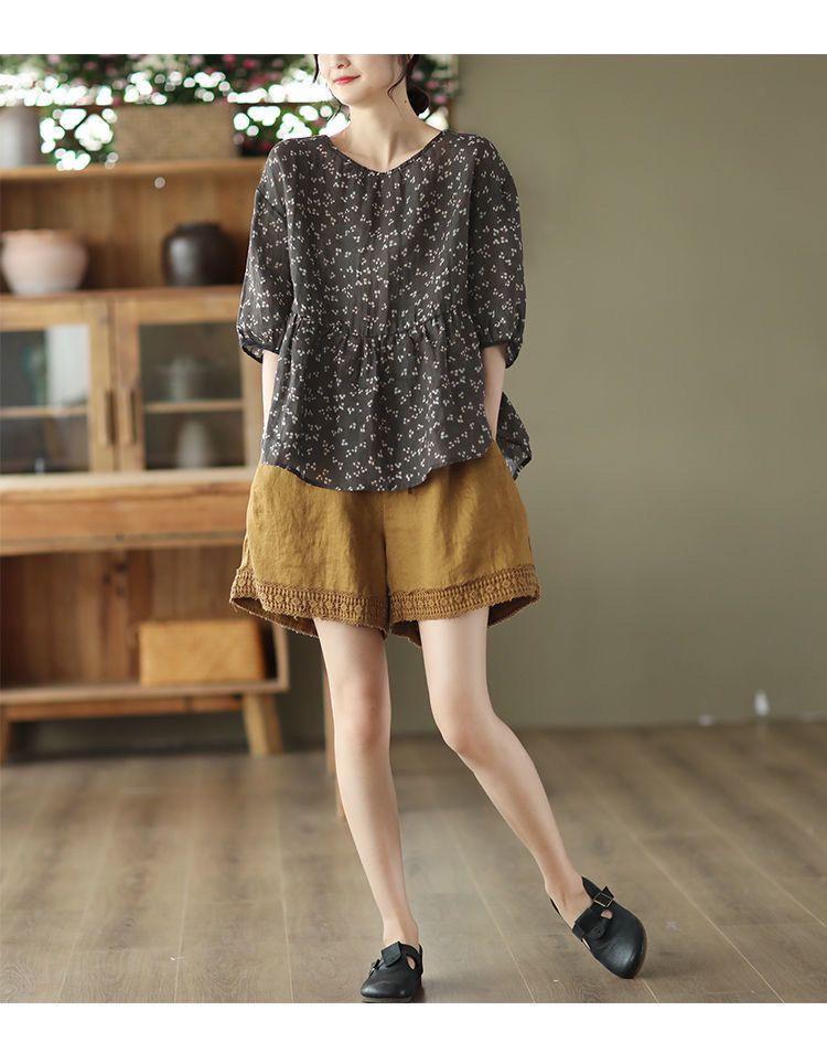 2025 Léto Retro Háčkované Bavlna Len Dámské Krajkové Šortky - Zeštíhlující Kalhoty s Rovnou Nohou pro Volný Čas