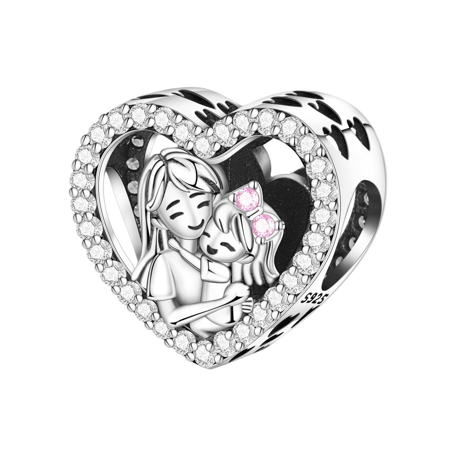 

925 Silver Love Shaped Mother Daughter Embrace Pendants Bracelet Charms Fit Jewelry Party Beads DIY Fine Gift Accessory