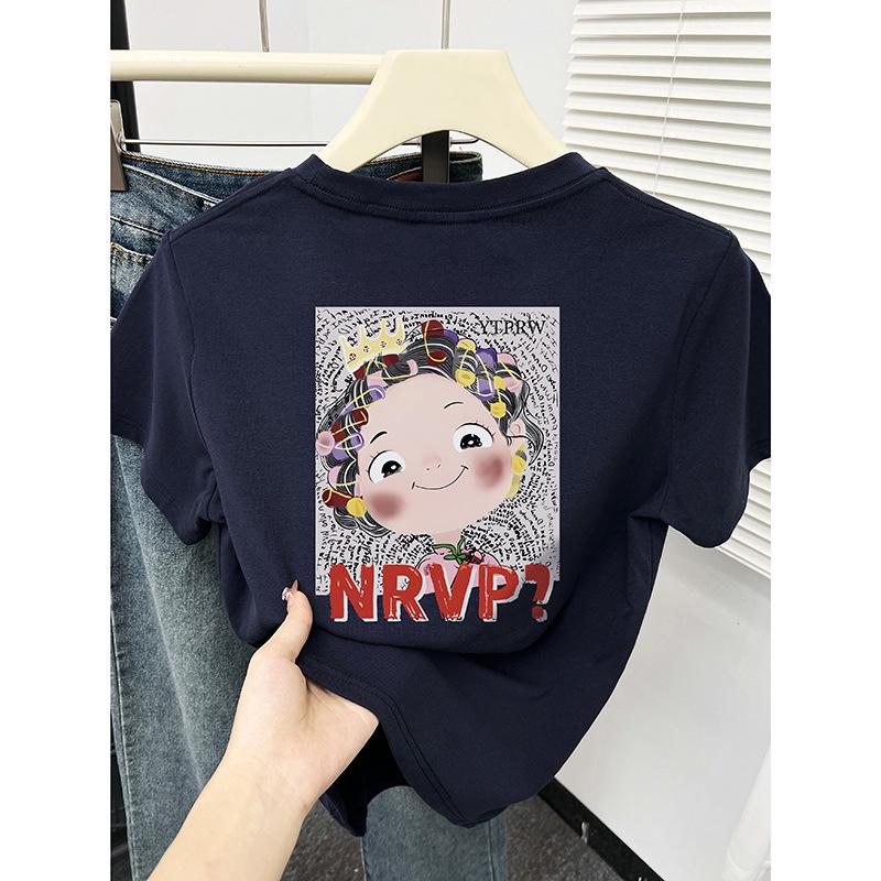 

Petite Cartoon Print Crew Neck Slimming Straight Shoulder Short Sleeve Women s Summer Korean Style T-Shirt Trend. L
