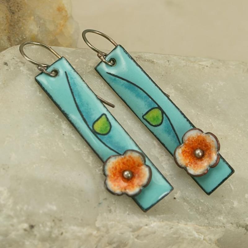 

Boho Blue Flower Drop Dangle Earrings For Women Girl Delicate Green Leaf Earring