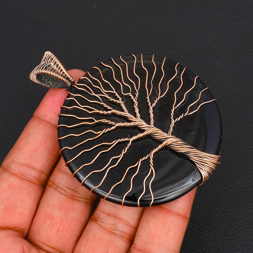 Handcrafted Huge Round Black Onyx Pendant, Artistic Tree of Life Copper Wire Wrap, Oversized Gemstone Necklace, Boho Chic Jewelry