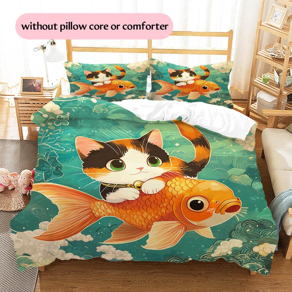 Cat and Fish Pattern Bedding Quilt Set Home Decoration Gift (1 * duvet cover + 2 * pillowcase without core)